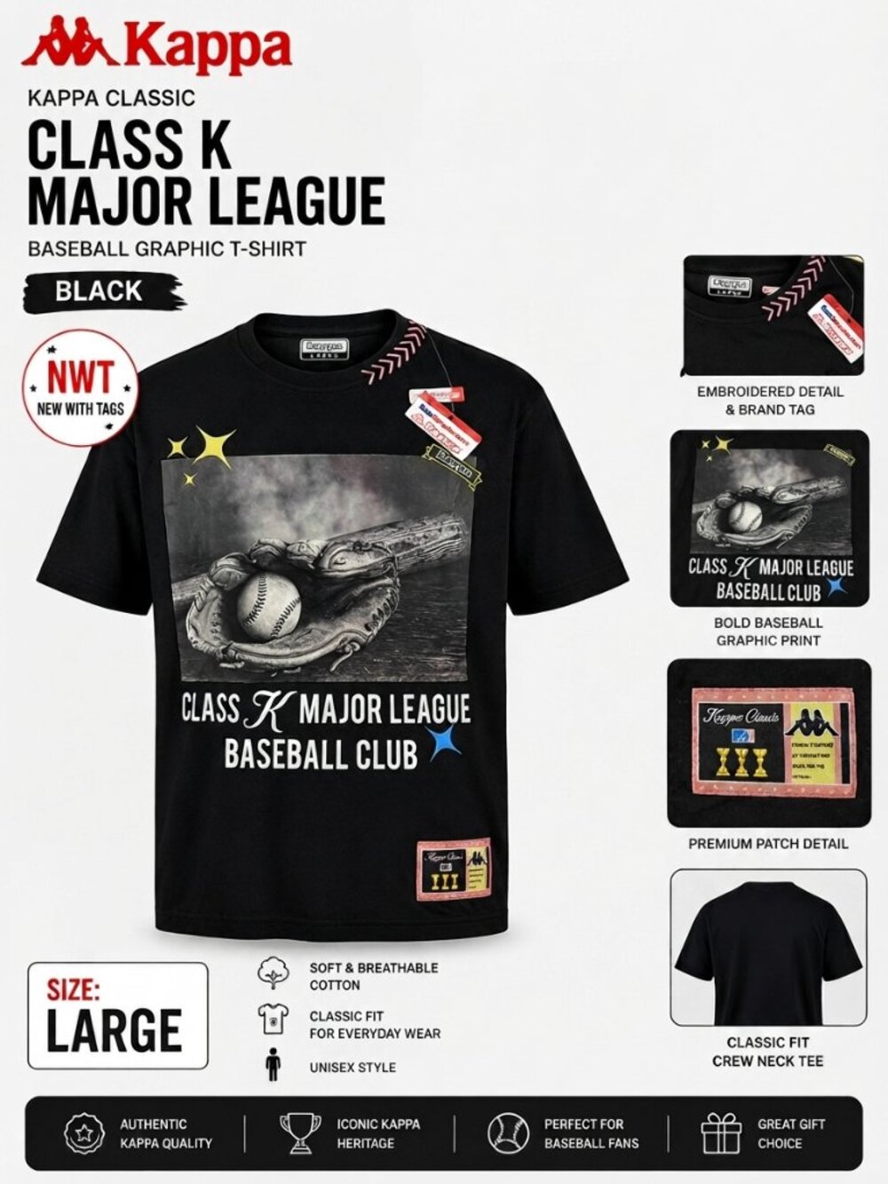 NWT Kappa Class K Major League Baseball Graphic T-Shirt Black Size L